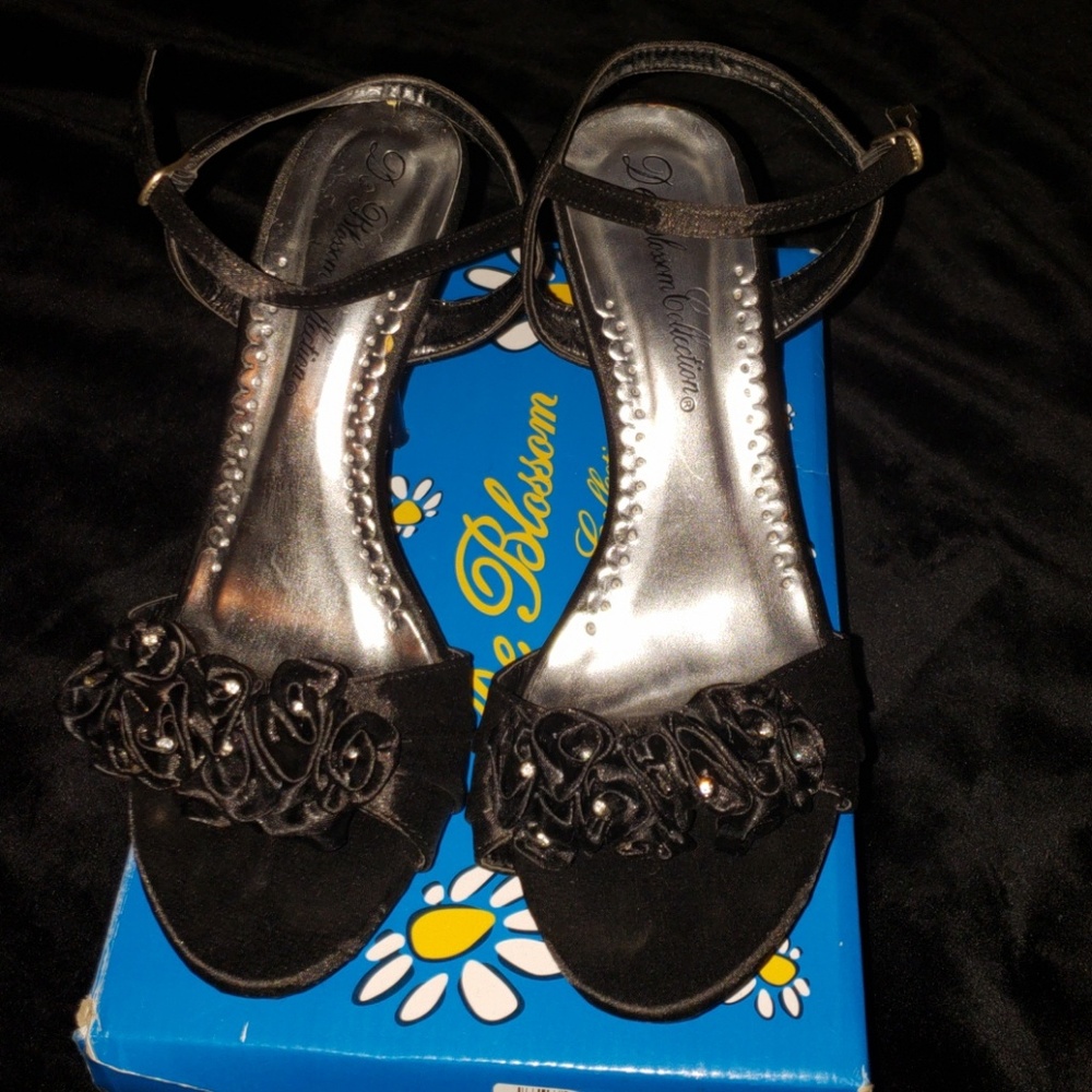 Ladies Low Black Heels with Rhinestones